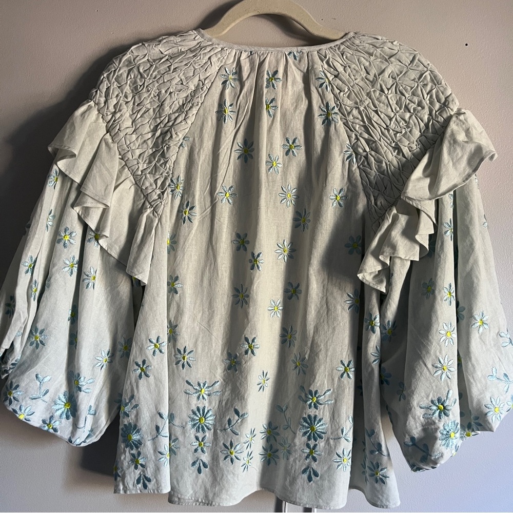 NWT Forever That Girl Ruffle-Sleeve Smocked Linen Blouse - Picture 8 of 10